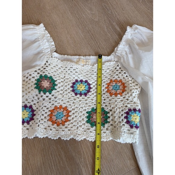 Chrysanthemum Boho Crochet Crop Top Sheer Peasant Sleeve Festival Blouse Women M - Picture 6 of 9